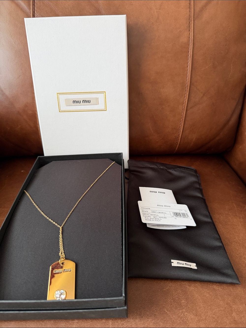 Miu Miu Gold Tag Pendant Necklace with Crystal Accent